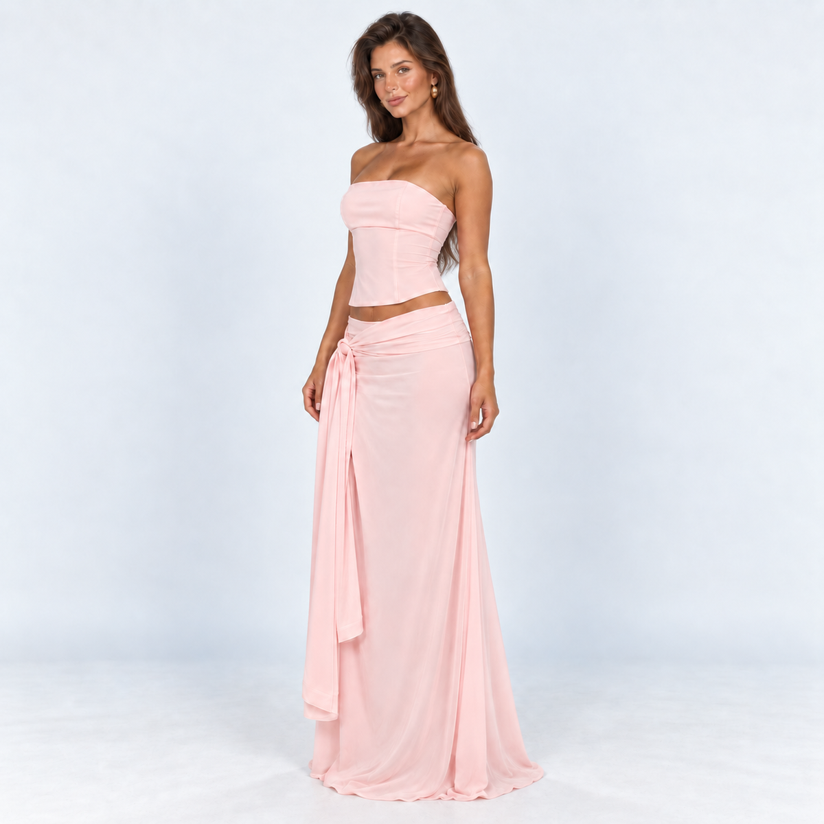 Women's Strapless Corset Top & Wrap Maxi Skirt Set — Pink — front45 studio view