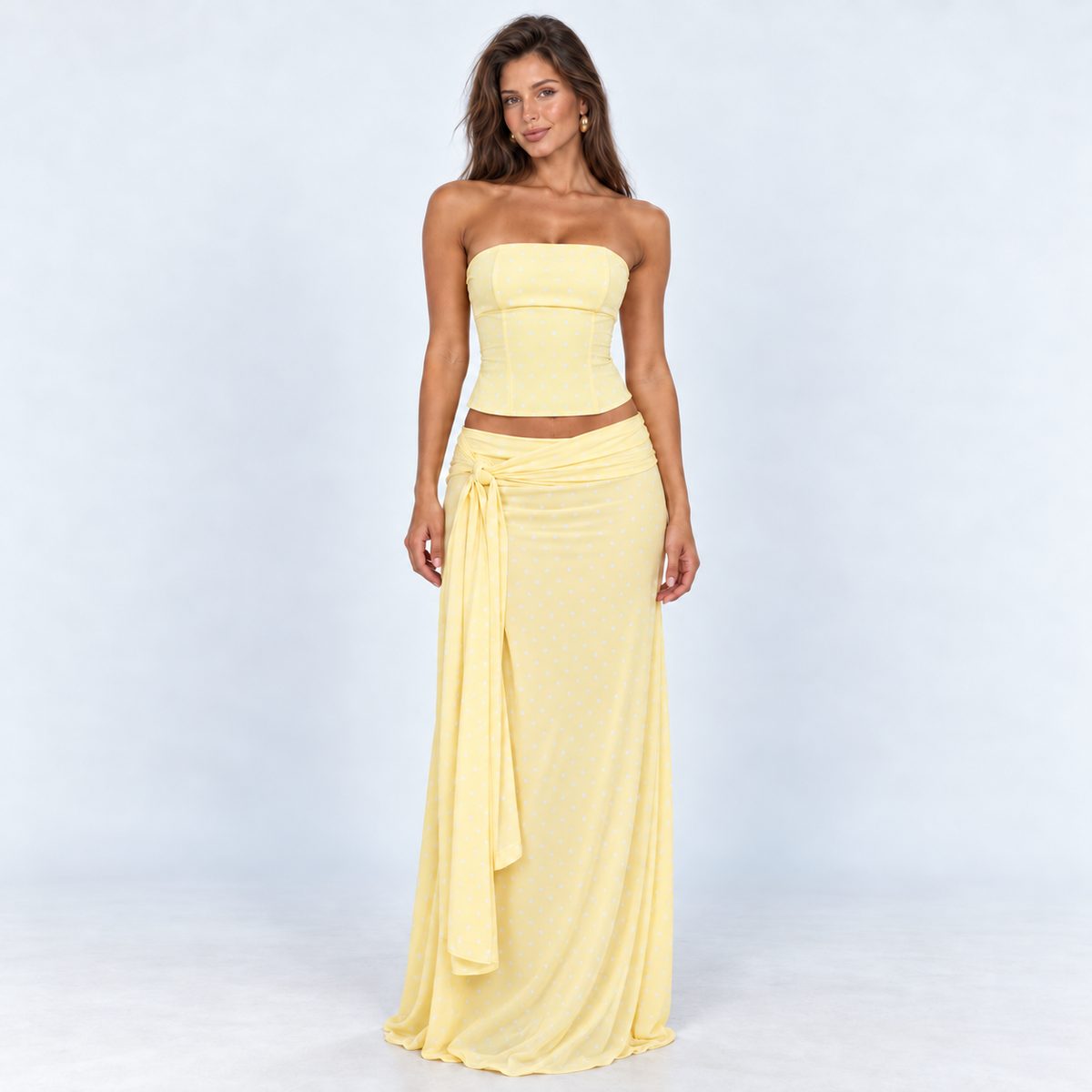 Women's Strapless Corset Top & Wrap Maxi Skirt Set — Yellow — front studio view