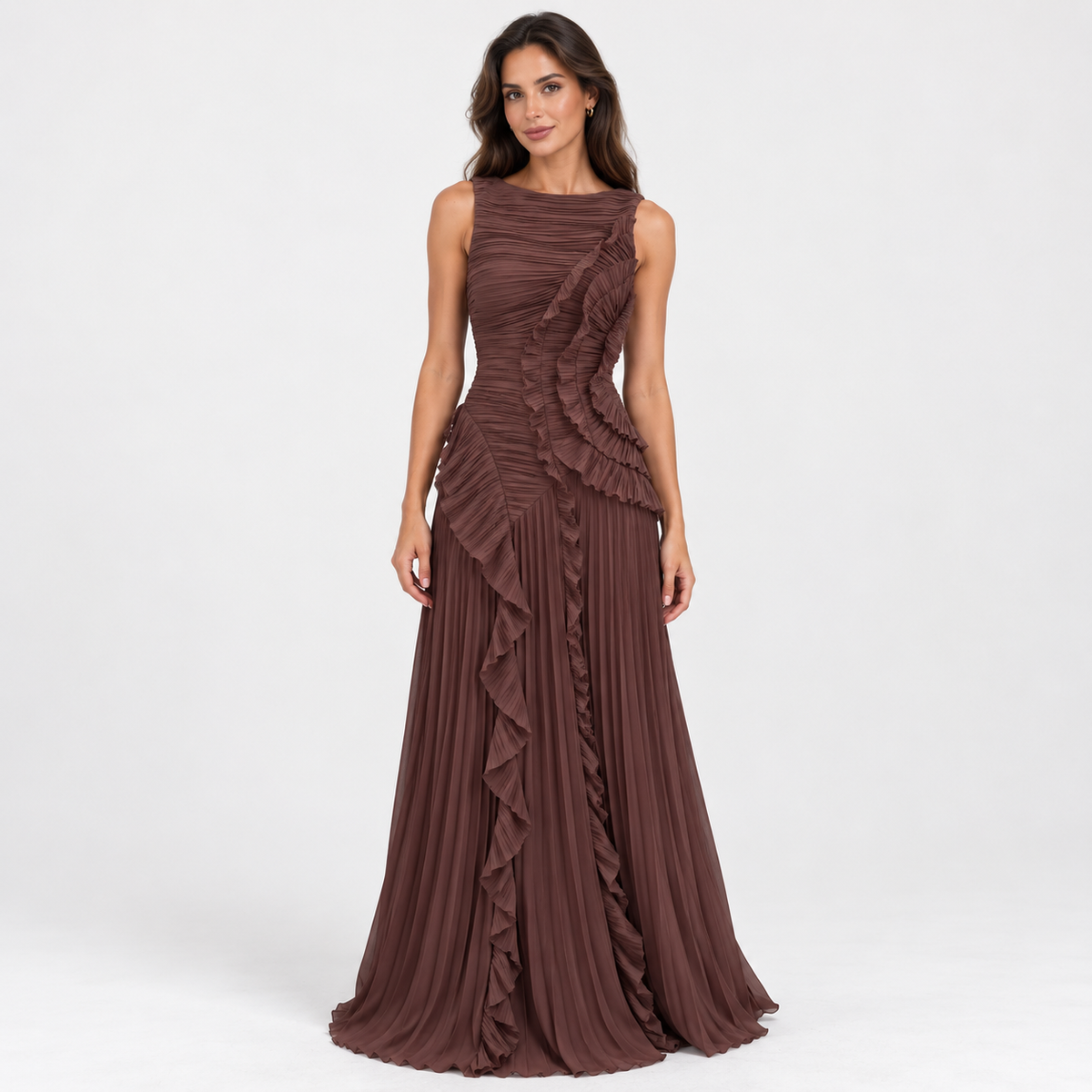 Women's Pleated Ruffle Low-Back Maxi Dress — Brown — front studio view