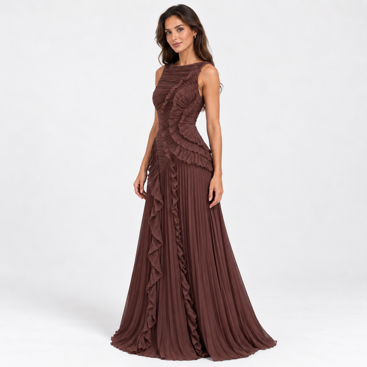 Women's Pleated Ruffle Low-Back Maxi Dress — Brown — front45 studio view
