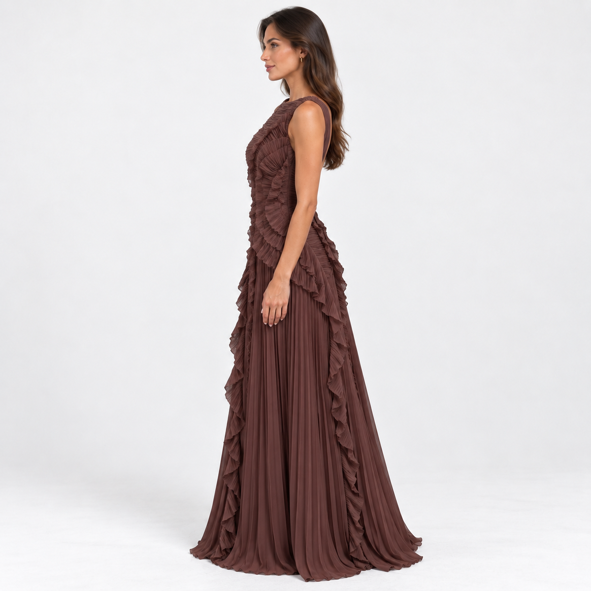 Women's Pleated Ruffle Low-Back Maxi Dress — Brown — side studio view
