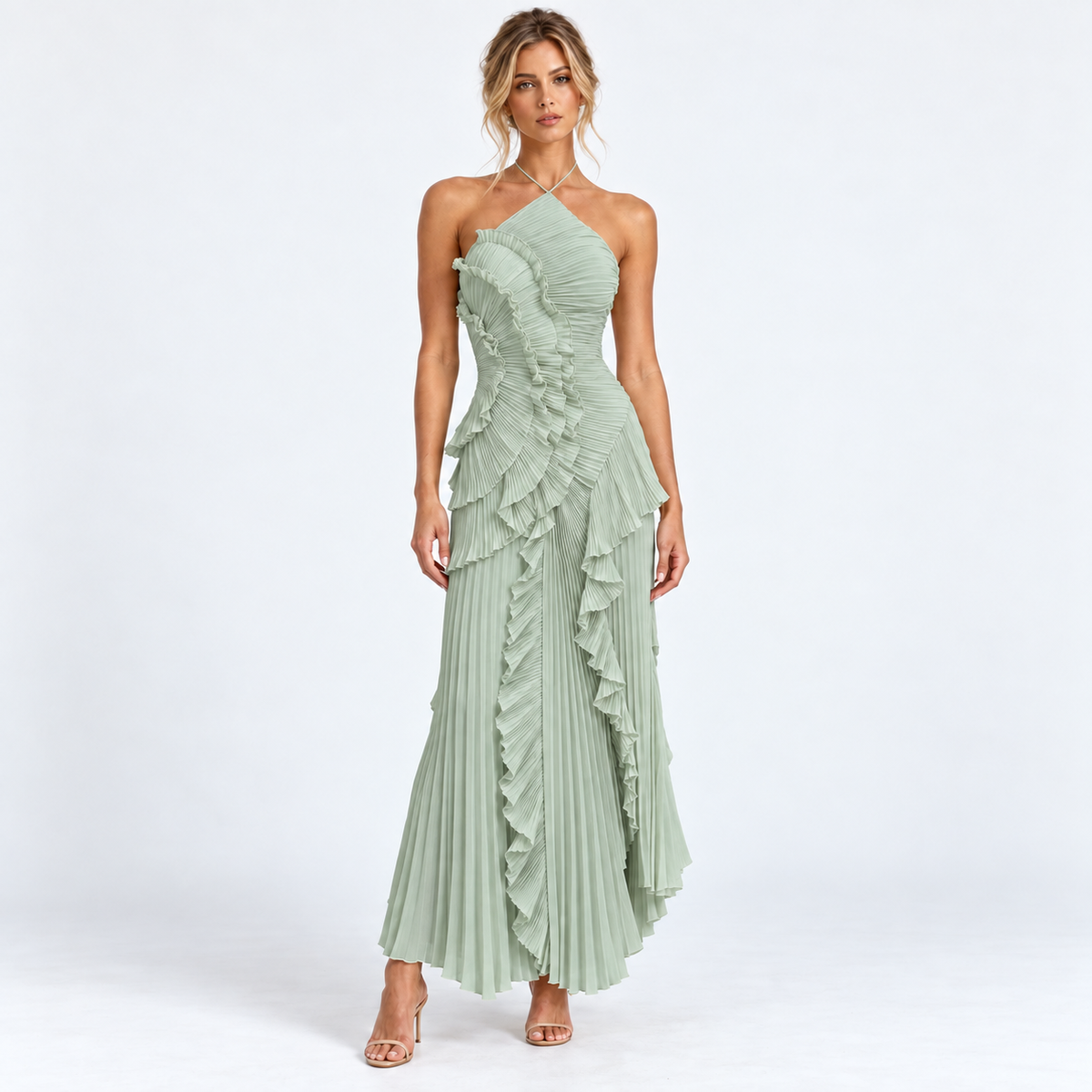 Lumvera pleated halter ruffle maxi dress — Mint — front studio view