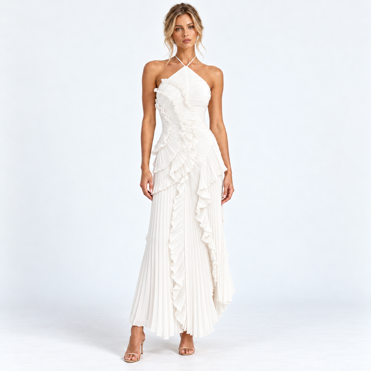 Lumvera pleated halter ruffle maxi dress — White — front studio view