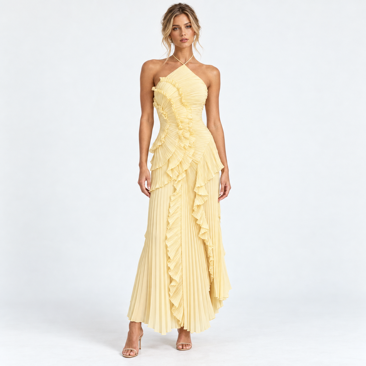 Lumvera pleated halter ruffle maxi dress — Yellow — front studio view