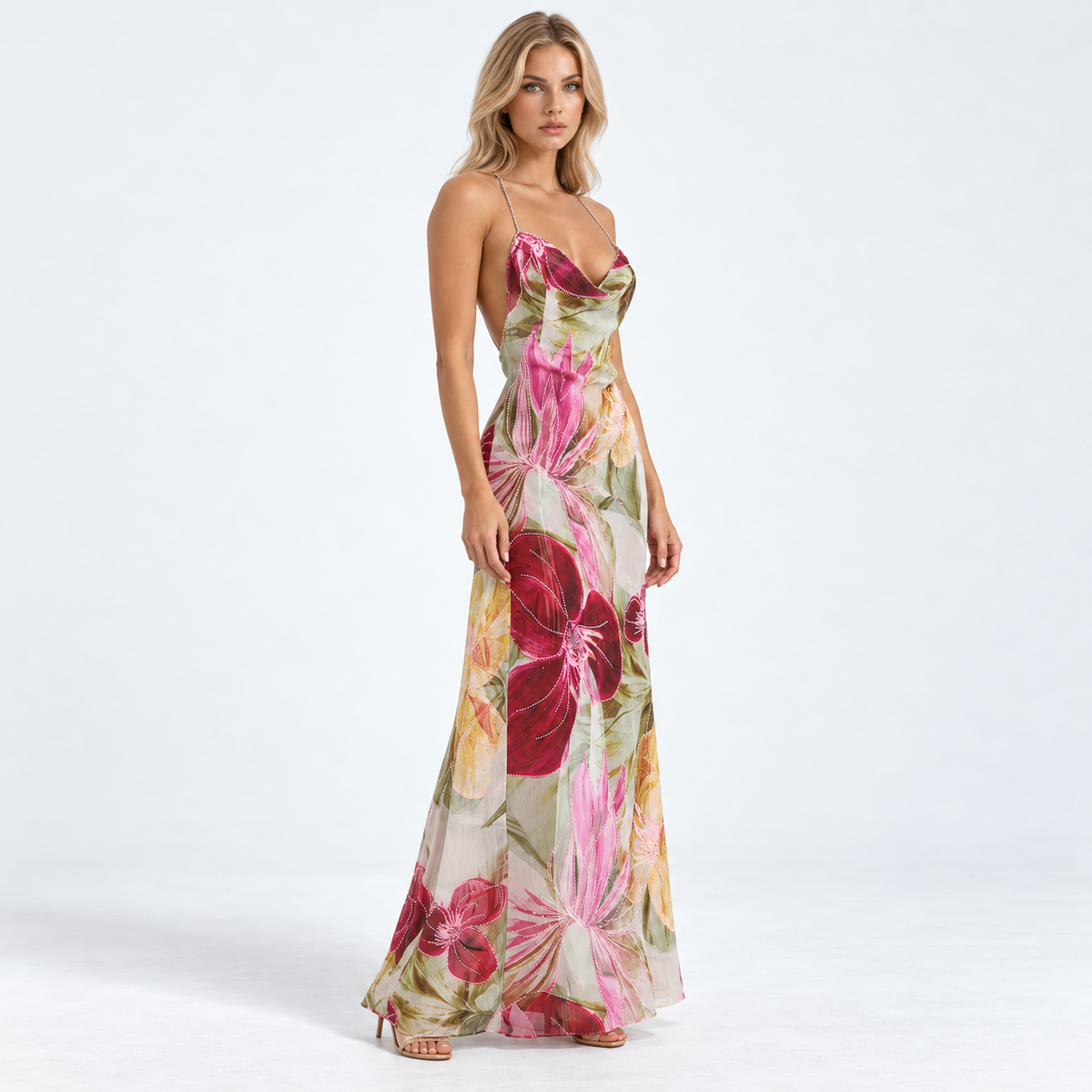 Women's Beaded Floral Cowl-Neck Maxi Dress — Rose Red — front45 studio view