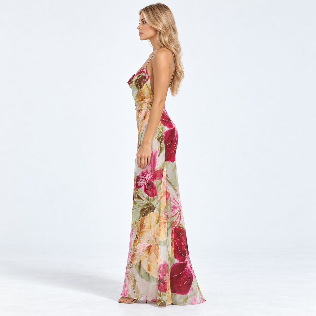 Women's Beaded Floral Cowl-Neck Maxi Dress — Rose Red — side studio view