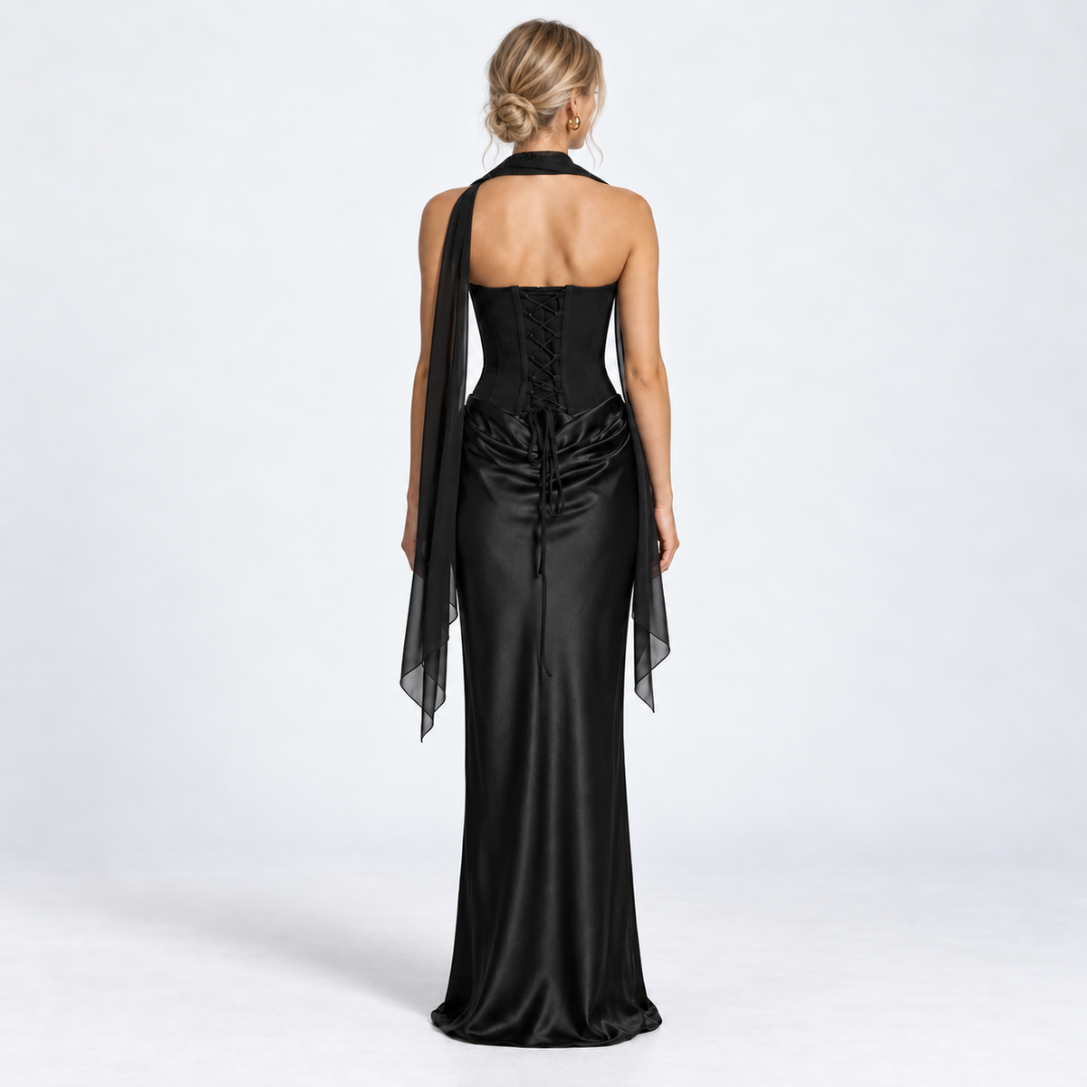 Women's Strapless Corset Satin Maxi Dress with Scarf — Black — back studio view