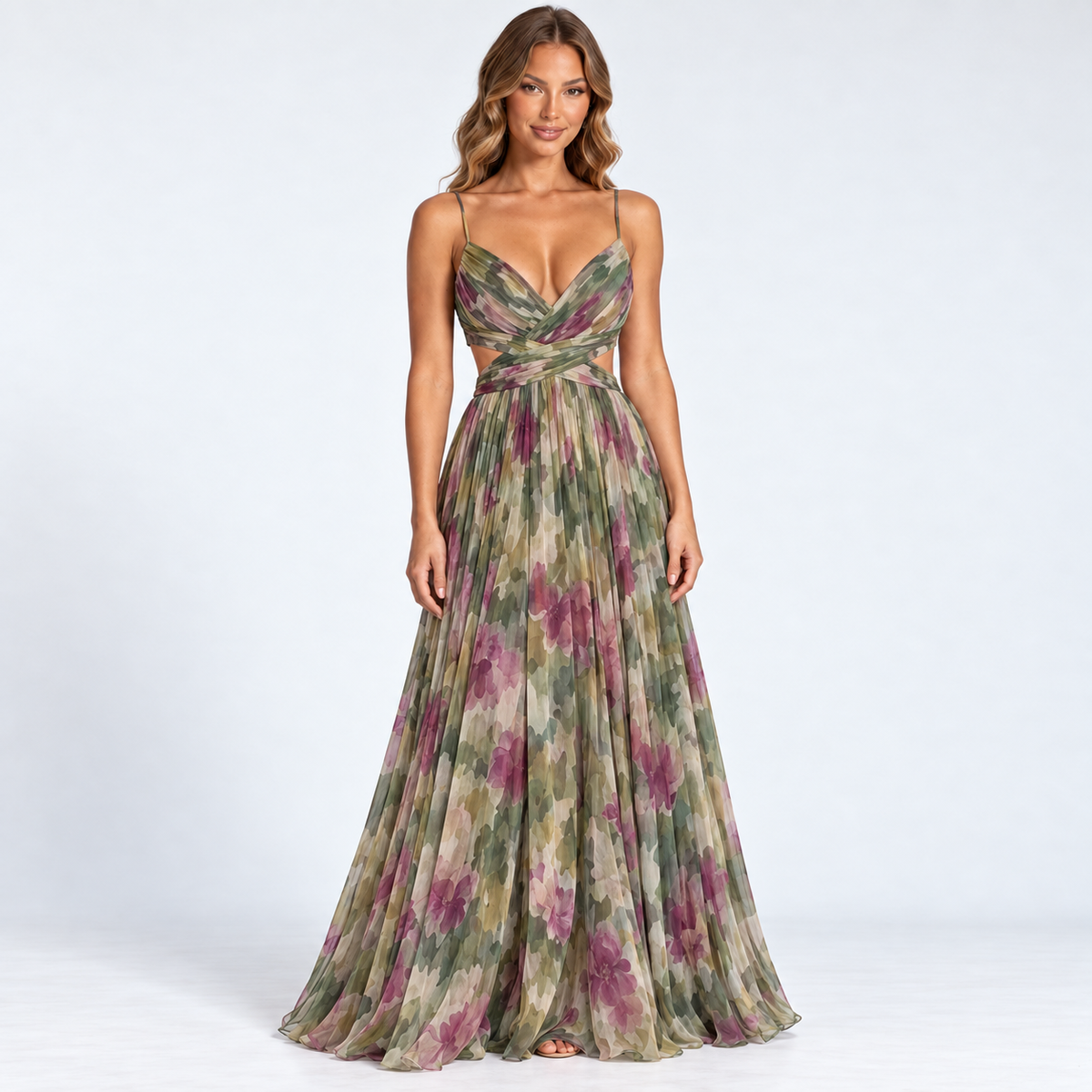 Women's Watercolour Floral V-Neck Maxi Dress — Green — front studio view