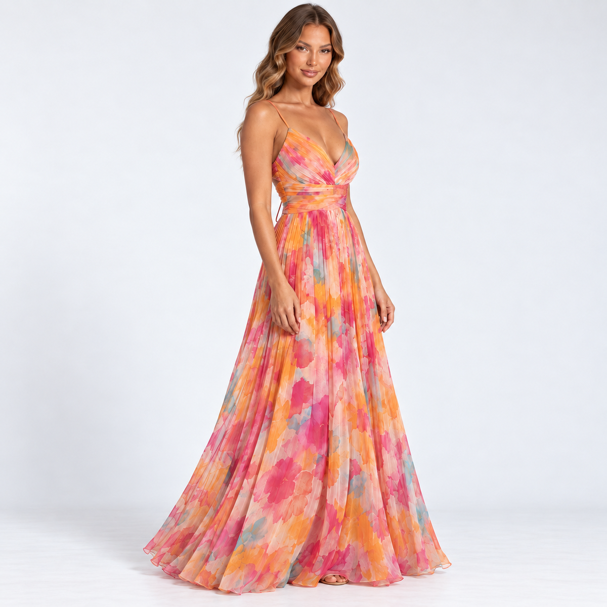 Women's Watercolour Floral V-Neck Maxi Dress — Orange — front45 studio view