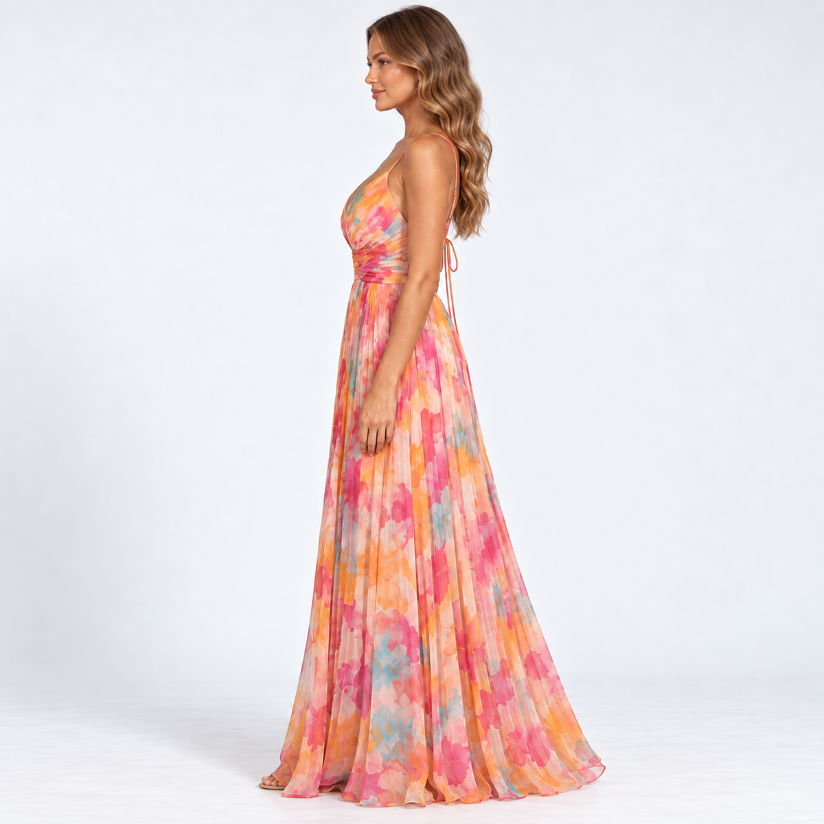 Women's Watercolour Floral V-Neck Maxi Dress — Orange — side studio view