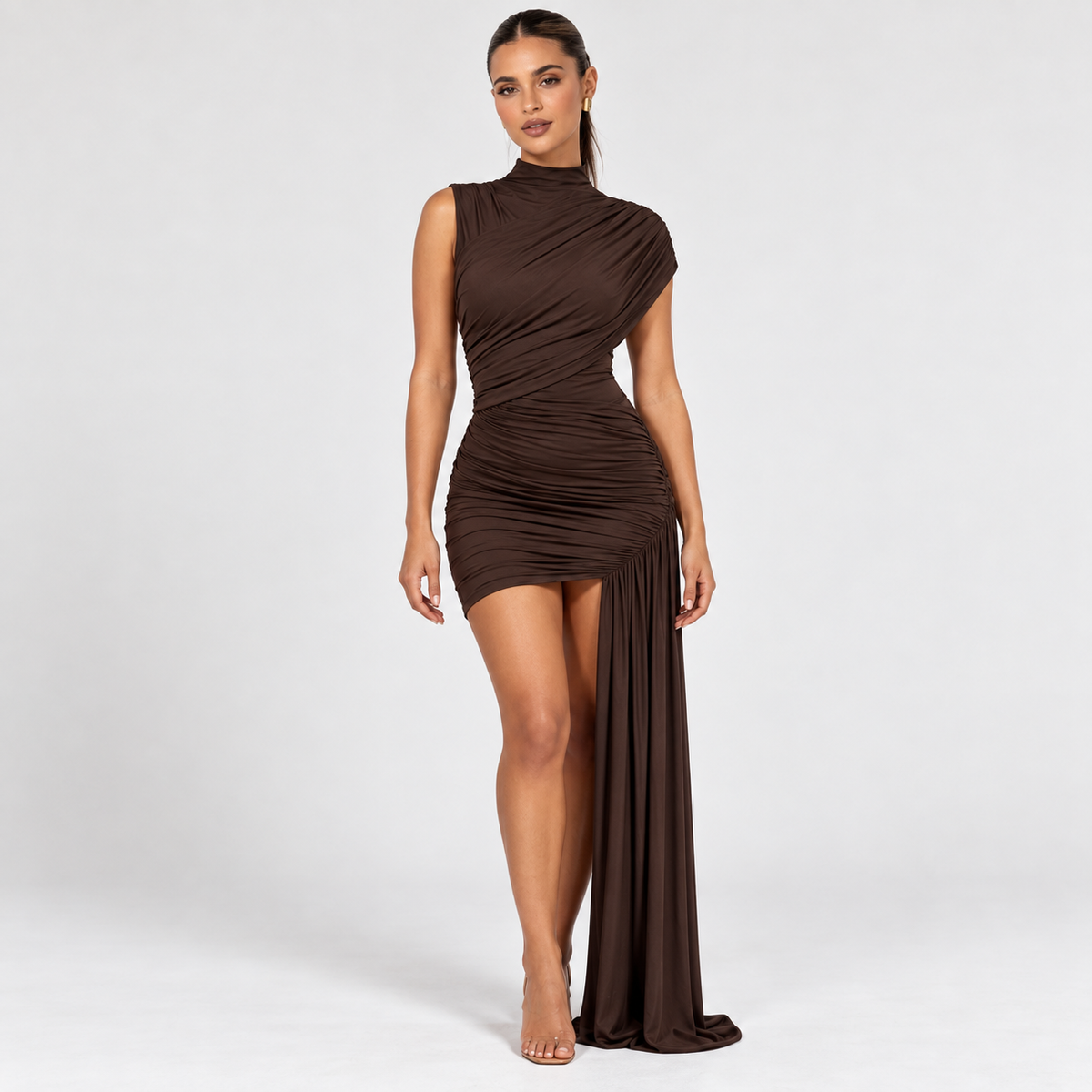 Women's High-Neck Ruched Mini Dress with Sash — Brown — front studio view