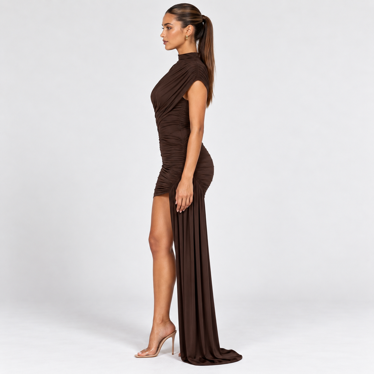 Women's High-Neck Ruched Mini Dress with Sash — Brown — side studio view