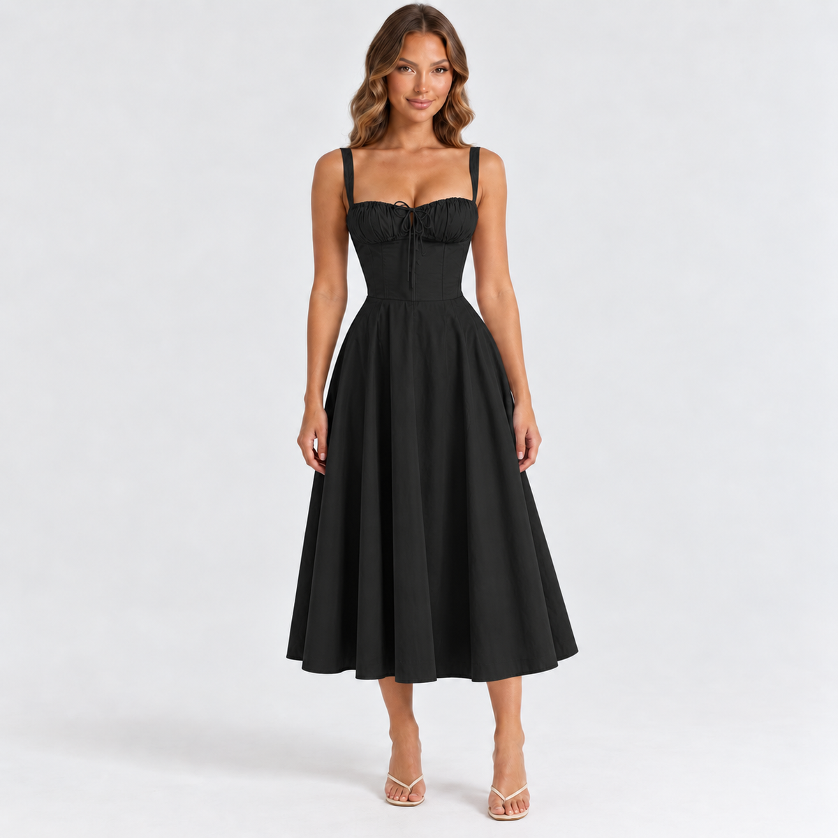 Women's Sweetheart Corset Midi Dress — Black — front studio view