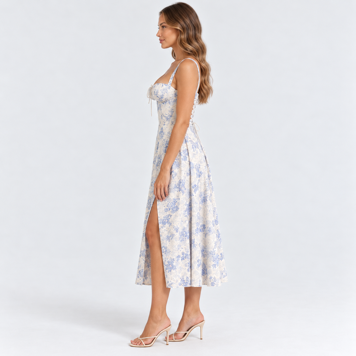 Women's Sweetheart Corset Midi Dress — Blue — side studio view