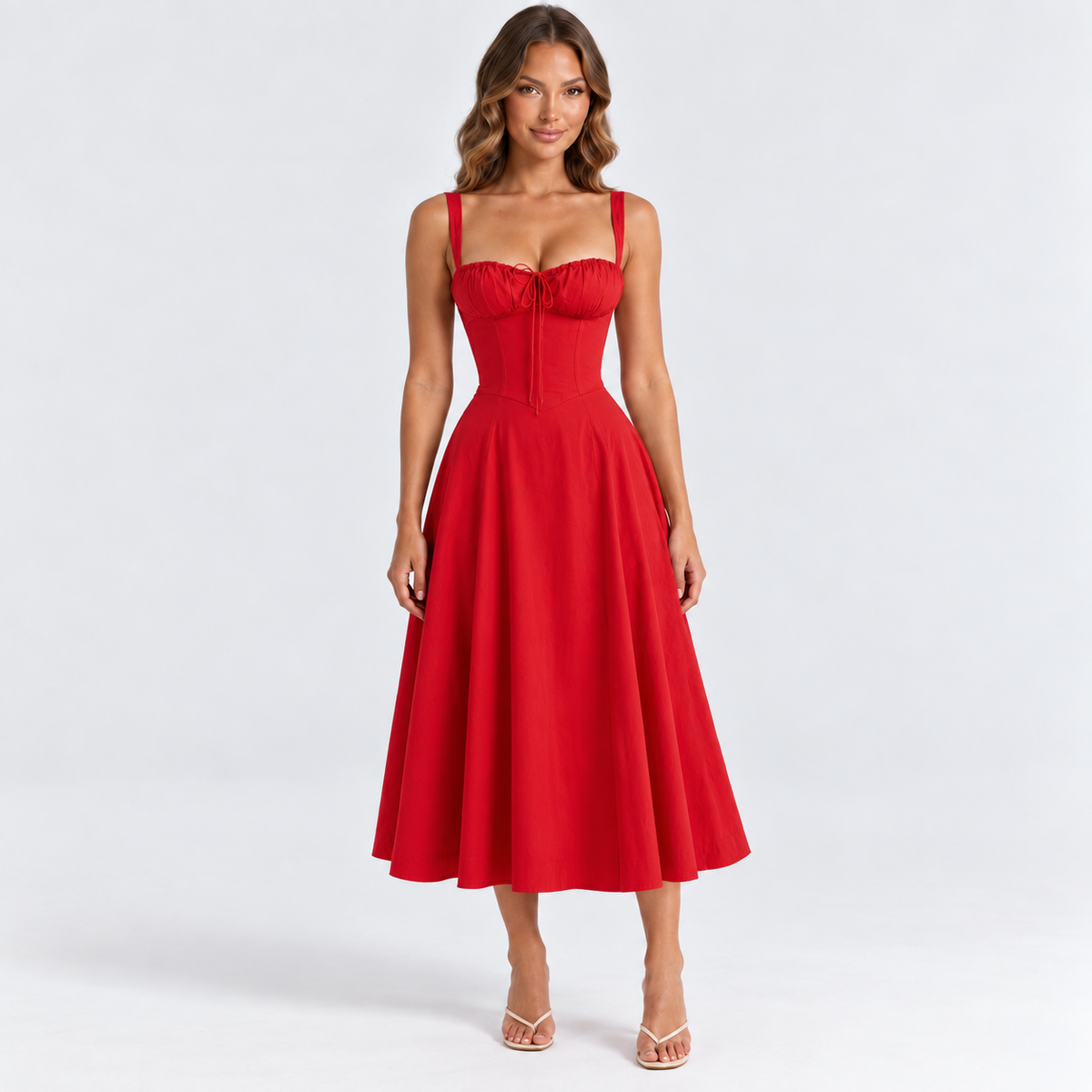 Women's Sweetheart Corset Midi Dress — Red — front studio view