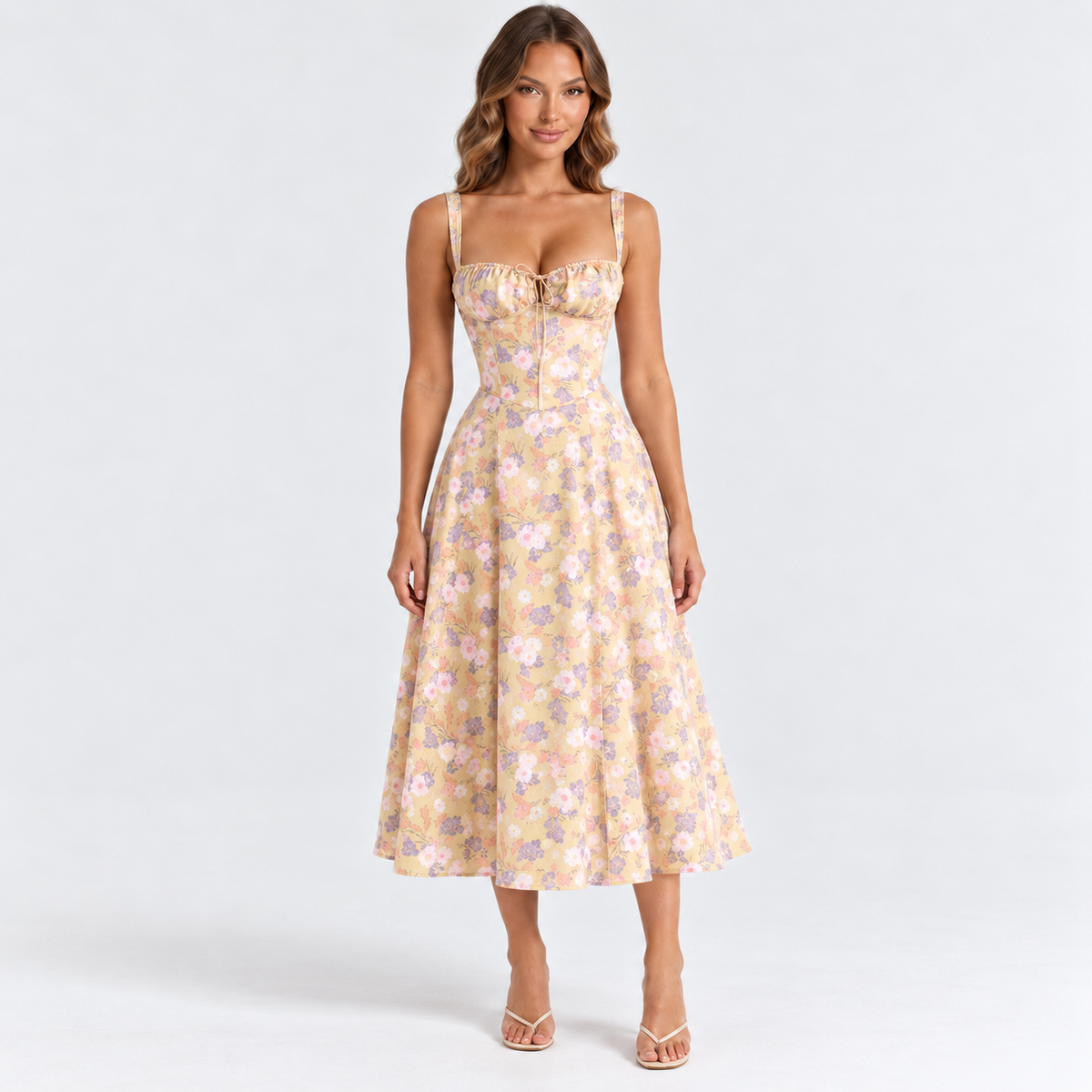 Women's Sweetheart Corset Midi Dress — Yellow Flower — front studio view