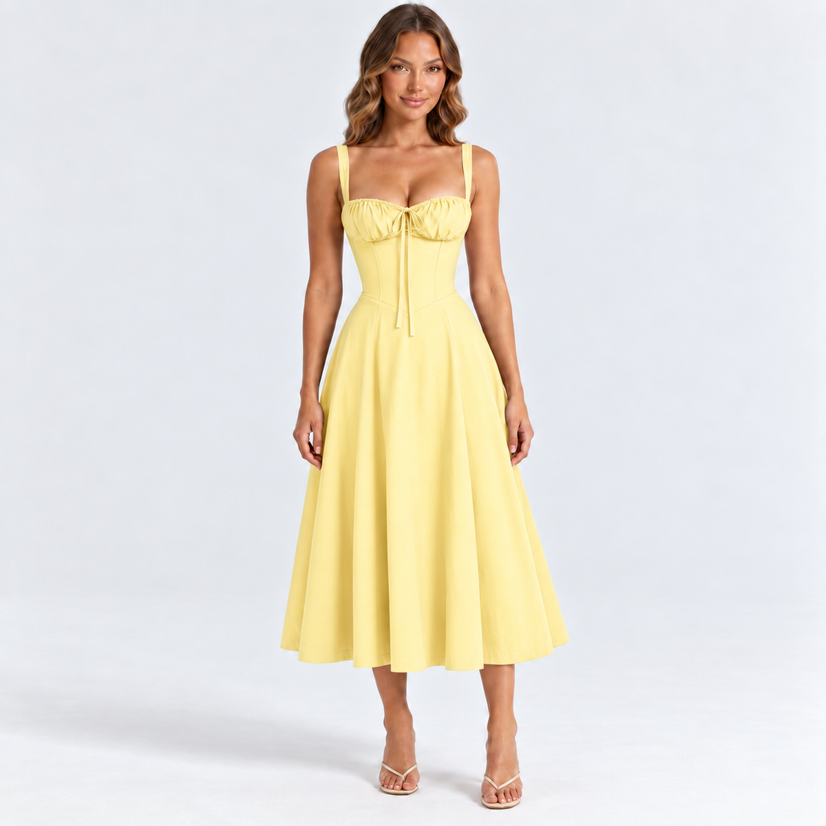 Women's Sweetheart Corset Midi Dress — Yellow — front studio view