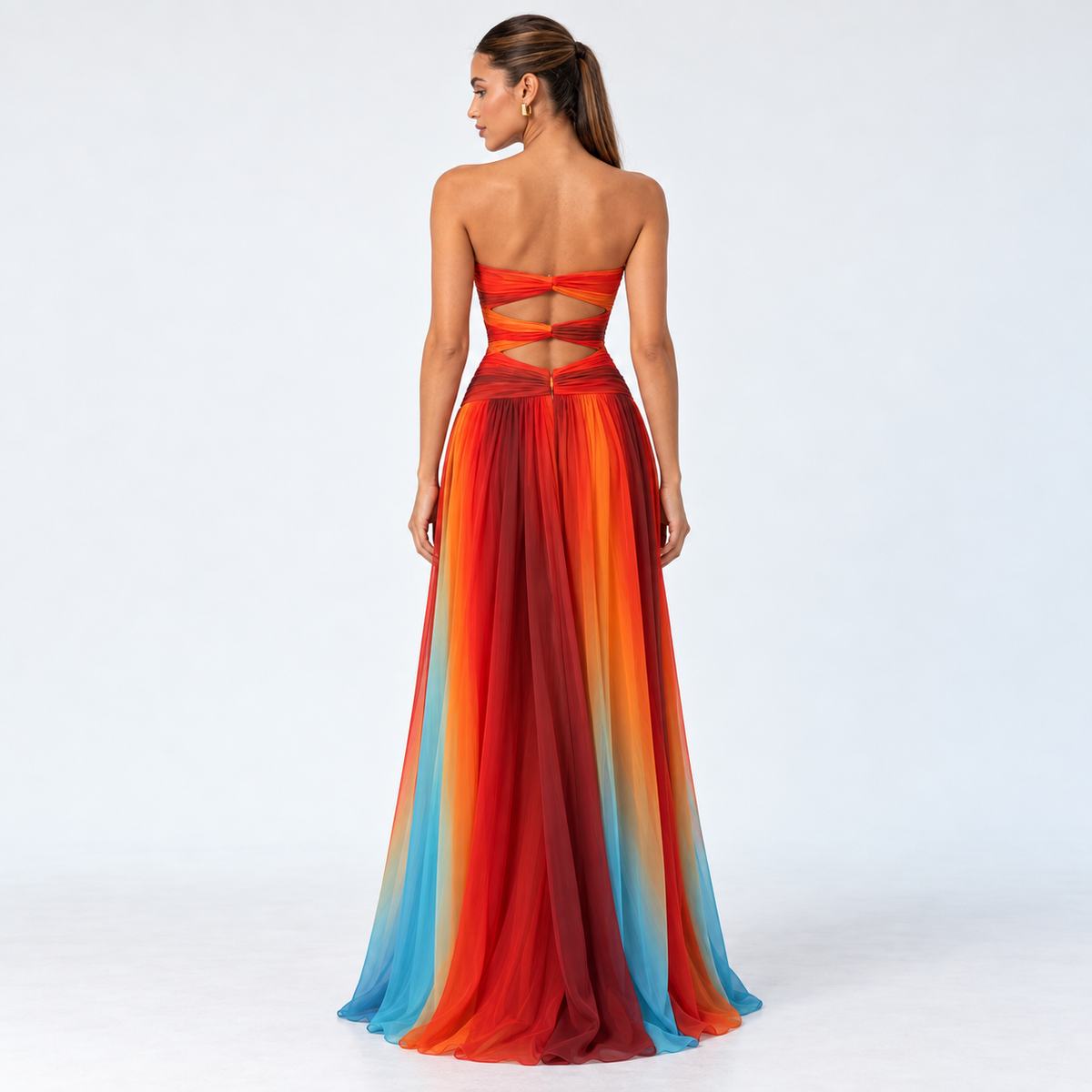 Women's Strapless Twist Cutout Maxi Dress — Multicolor — back studio view