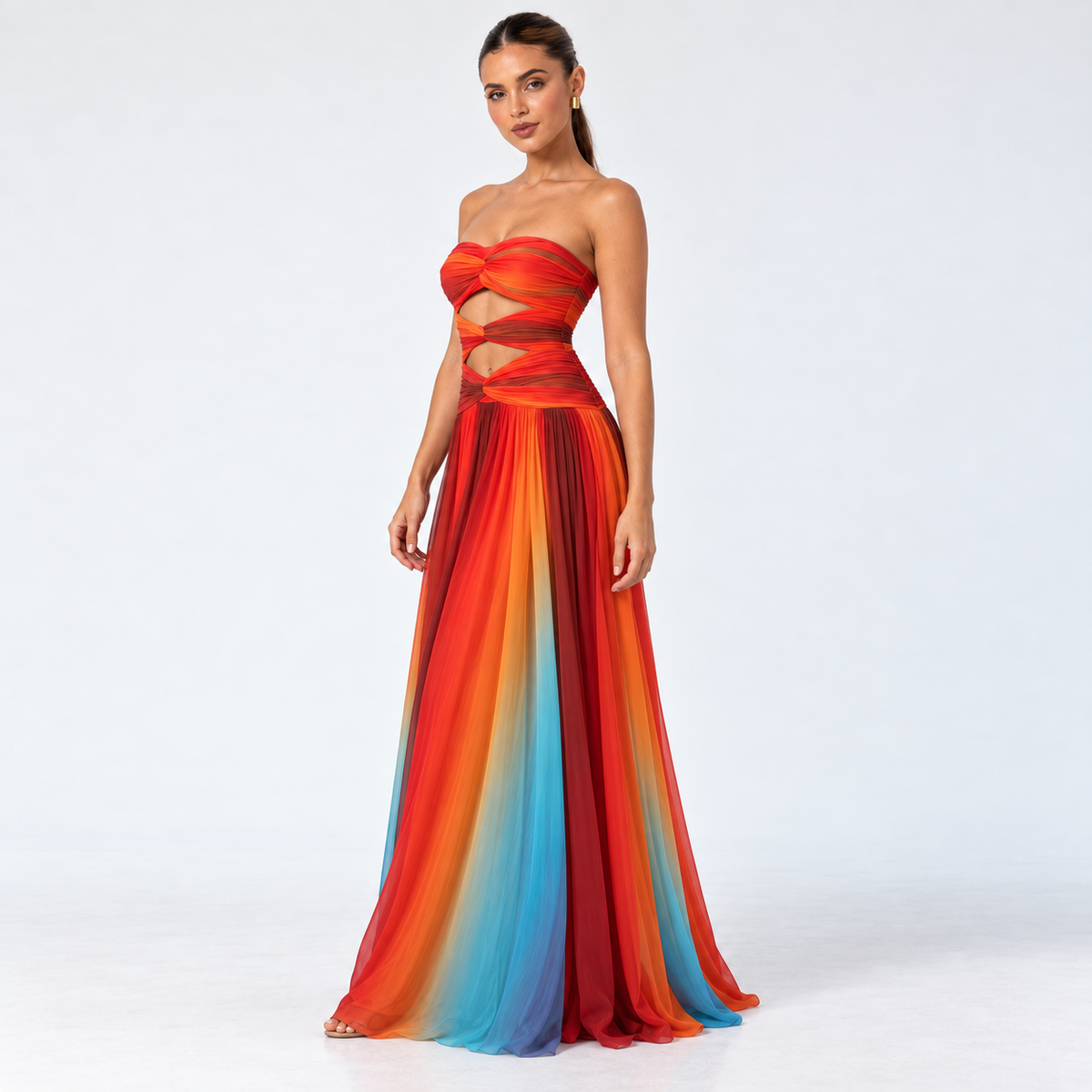Women's Strapless Twist Cutout Maxi Dress — Multicolor — front45 studio view
