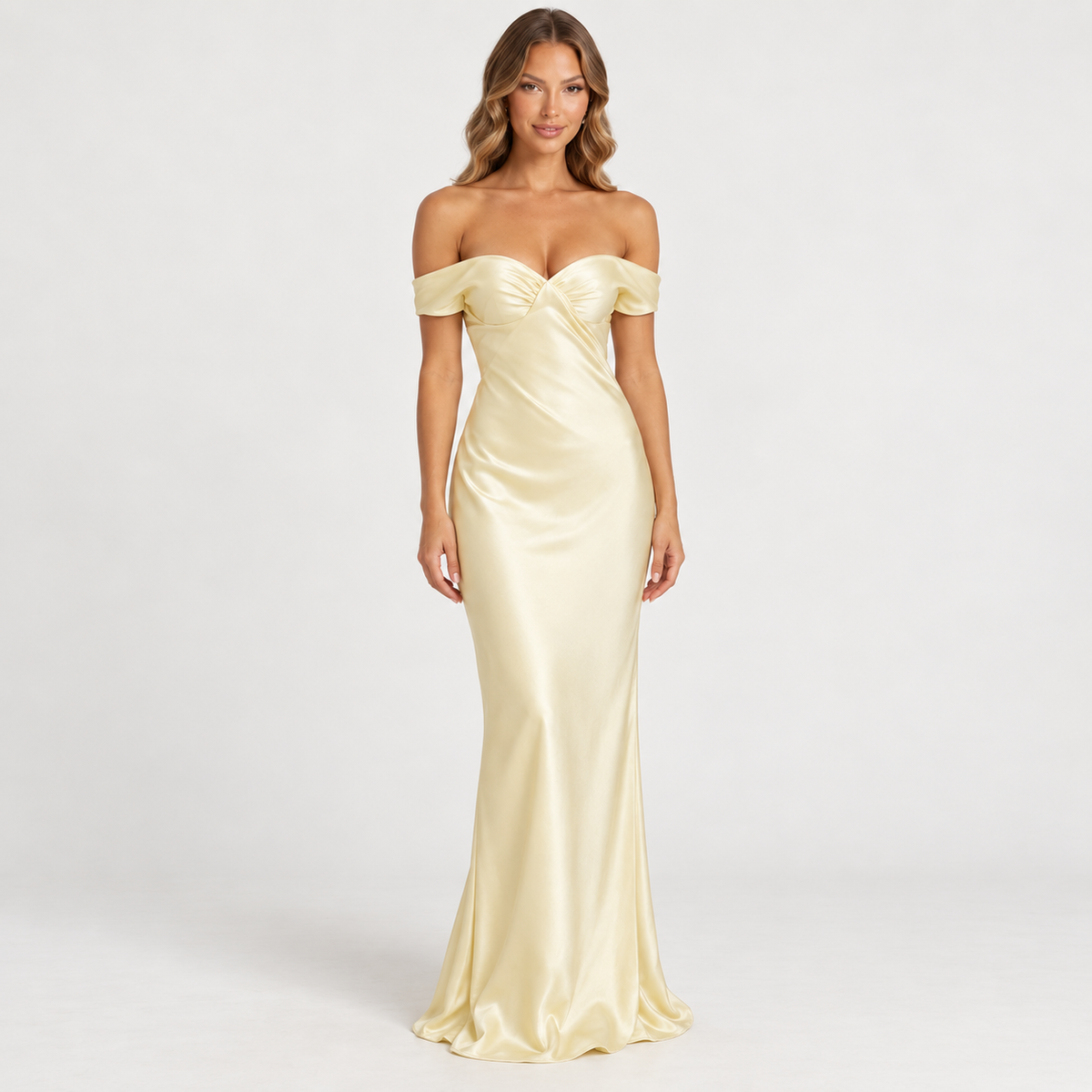 Women's Off-Shoulder Satin Maxi Dress — Champagne — front studio view