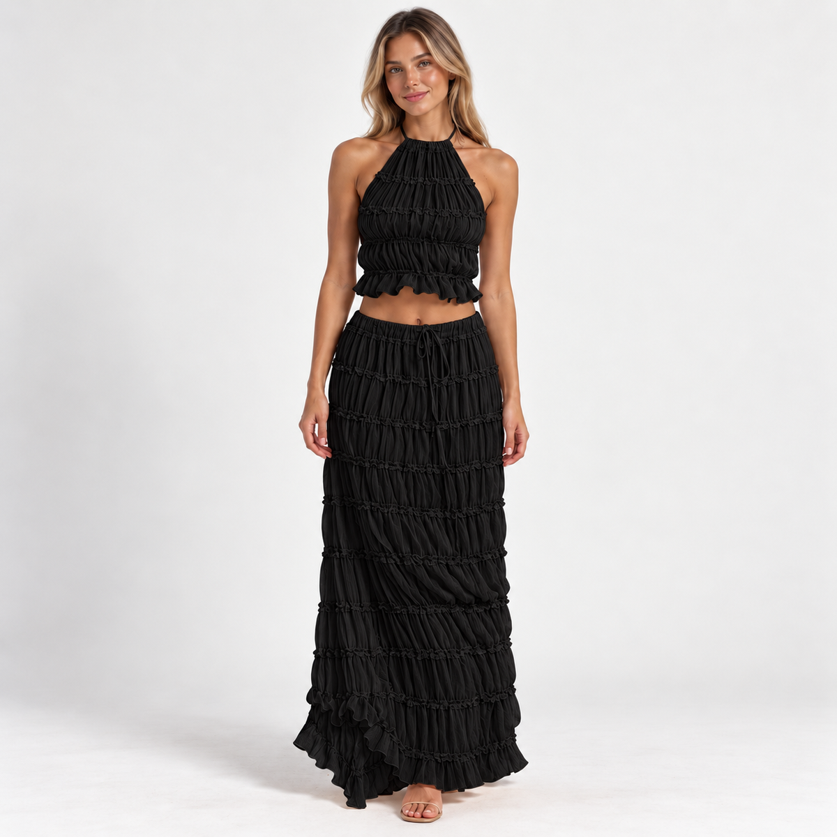 Women's Halter Ruffle Top & Maxi Skirt Set — Black — front studio view