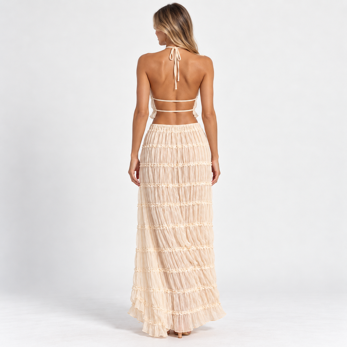 Women's Halter Ruffle Top & Maxi Skirt Set — Cream — back studio view
