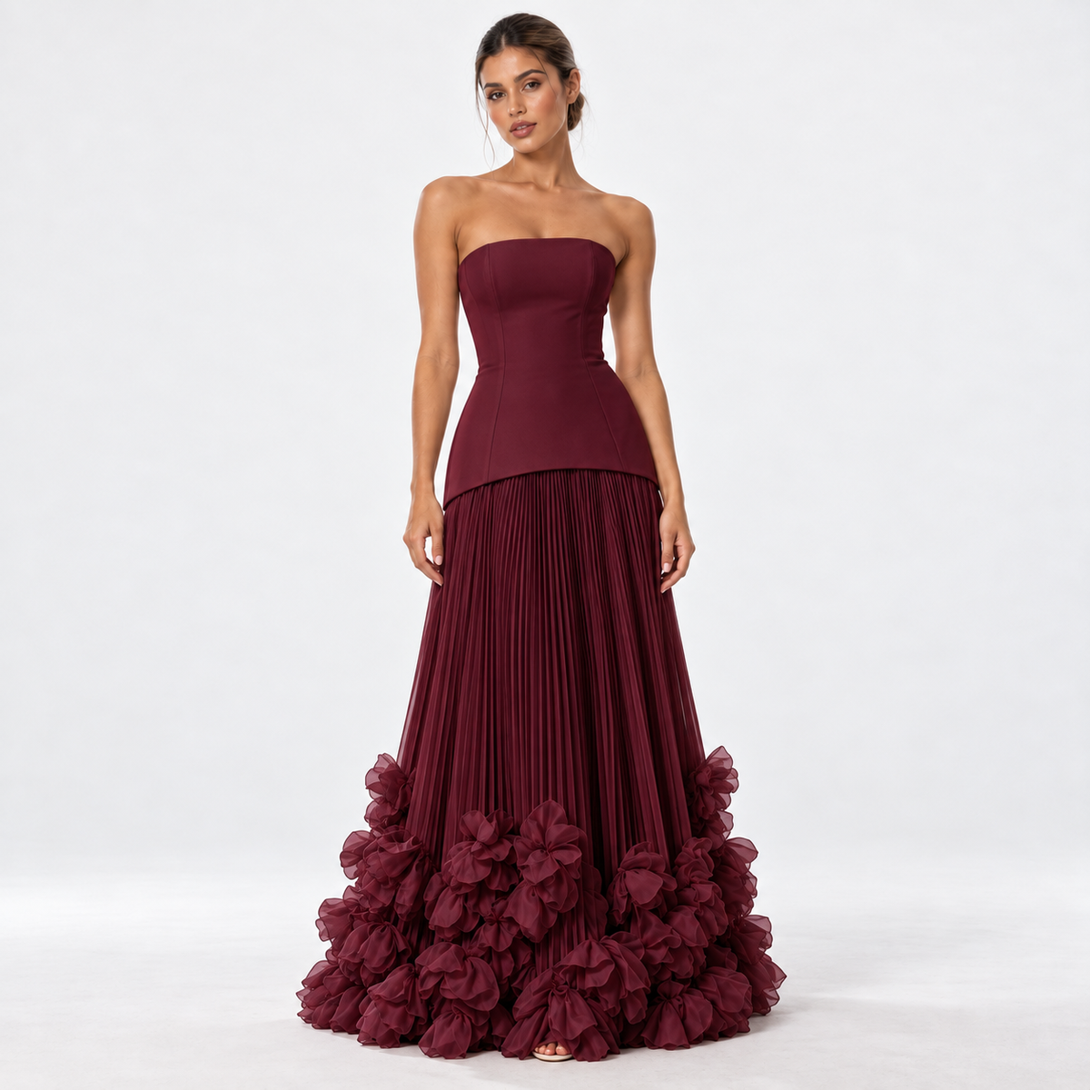 Women's Strapless Pleated Floral Hem Maxi Dress — Burgundy — front studio view