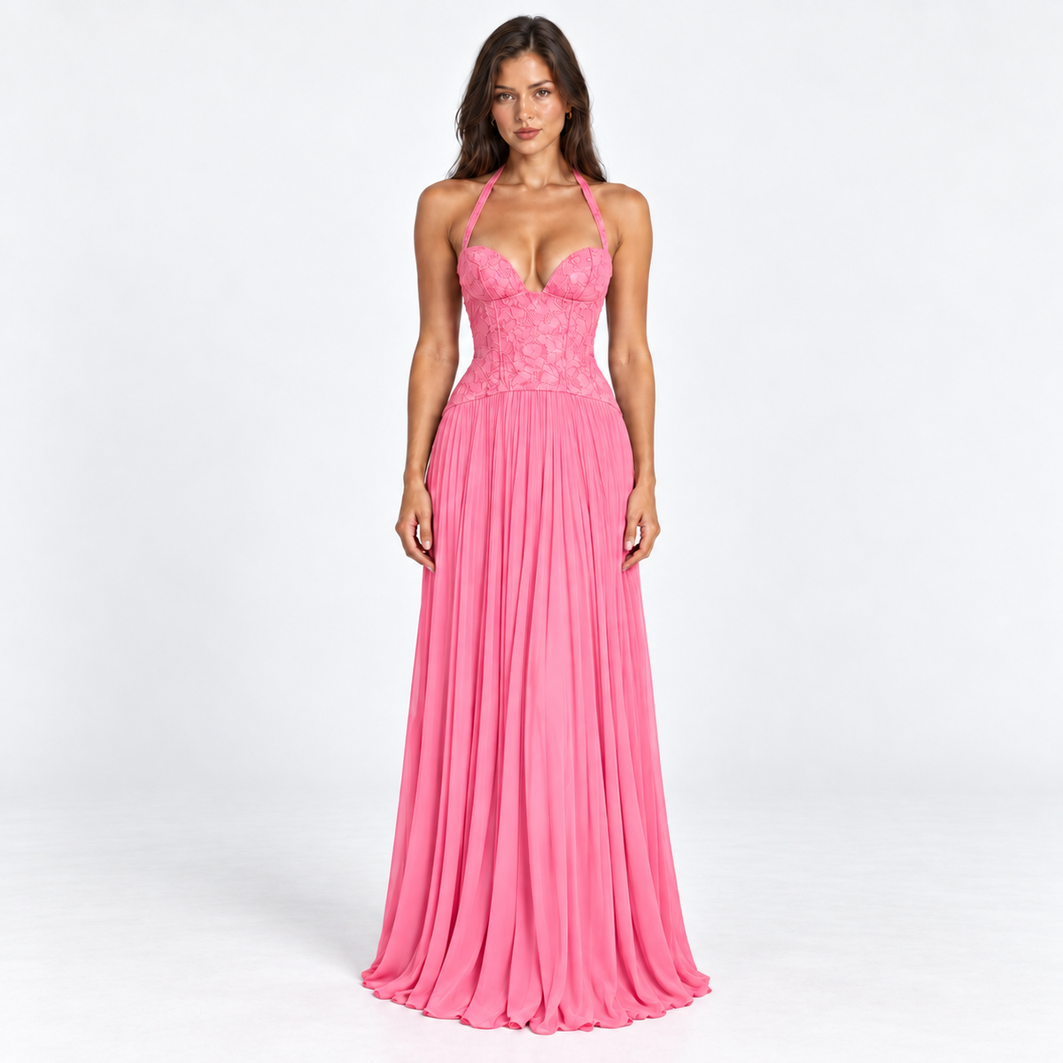Women's Lace Corset Pleated Maxi Dress — Pink — front studio view