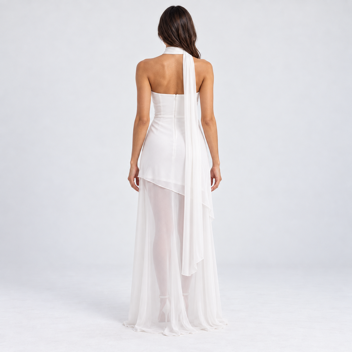 Women's Strapless Asymmetrical Sheer Maxi Dress — White — back studio view