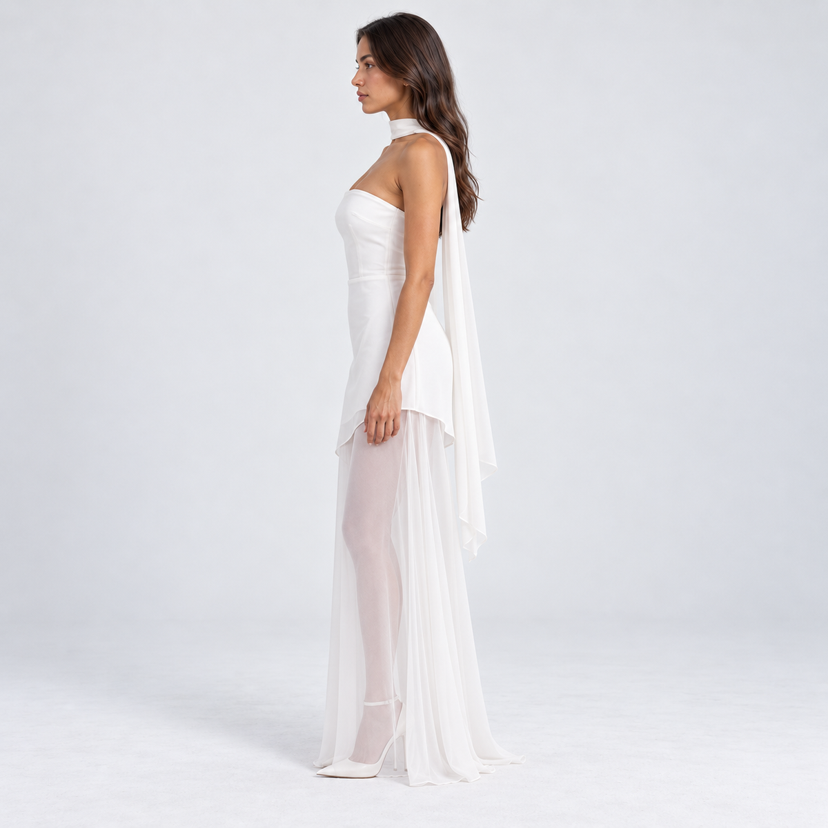 Women's Strapless Asymmetrical Sheer Maxi Dress — White — side studio view