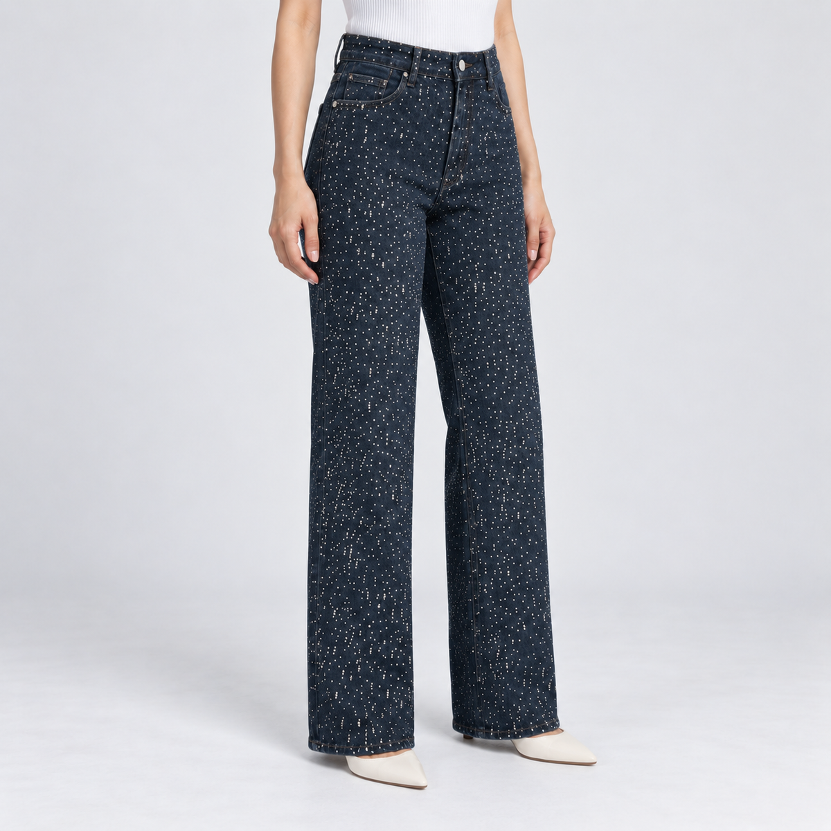 Women's Rhinestone Wide-Leg Jeans in denim blue – angled view