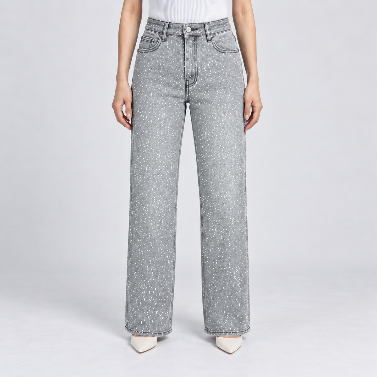 Women's Rhinestone Wide-Leg Jeans in light gray – front view