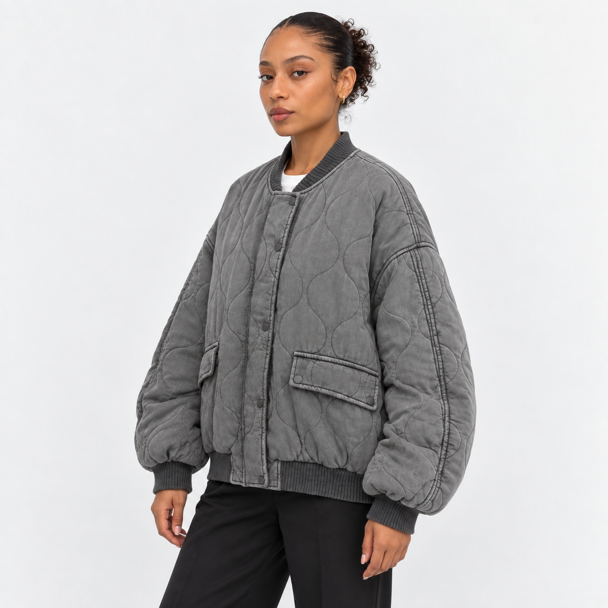 Women's Wave-Quilted Bomber Jacket – angled view