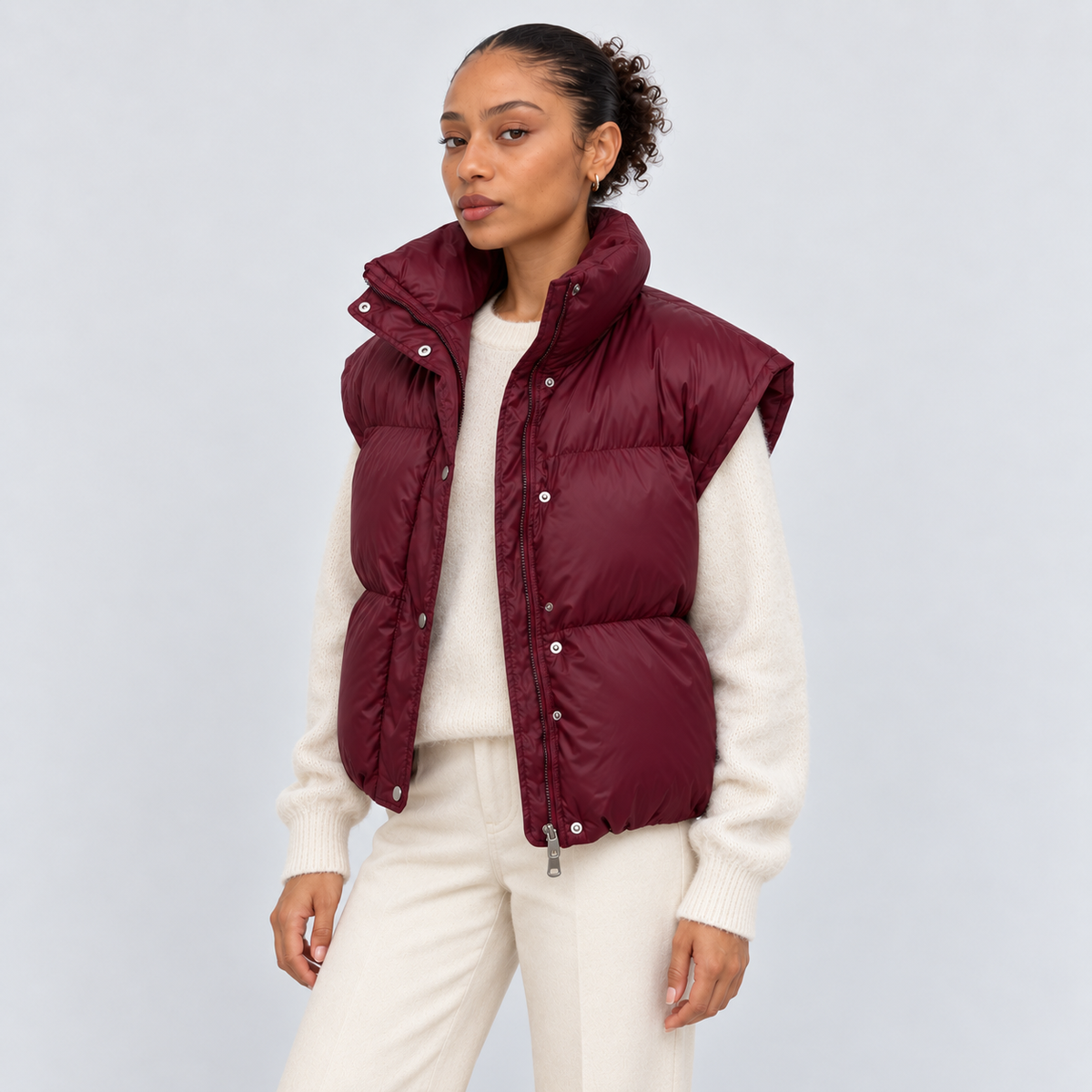 Women's Burgundy Stand-Collar Puffer Vest – angled view