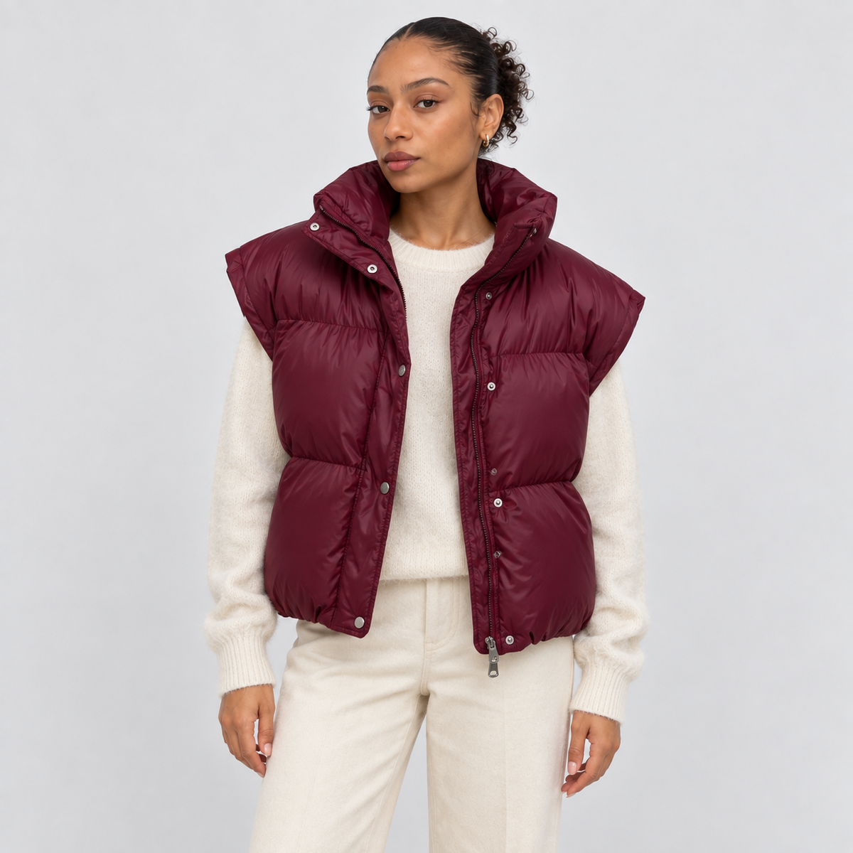 Women's Burgundy Stand-Collar Puffer Vest – front view
