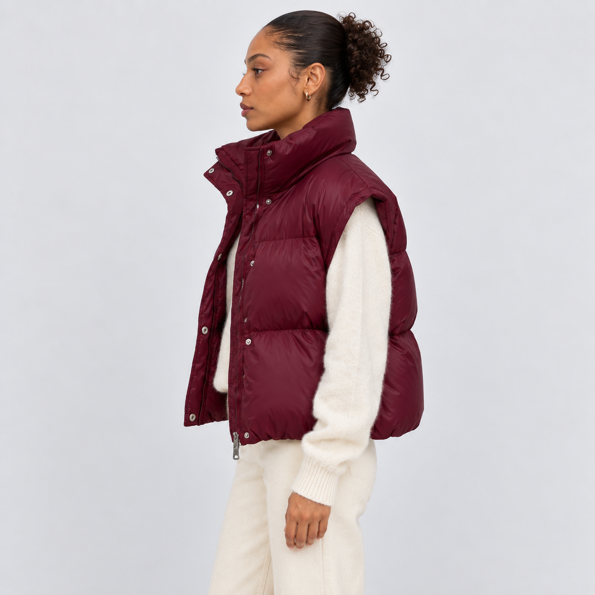 Women's Burgundy Stand-Collar Puffer Vest – side view