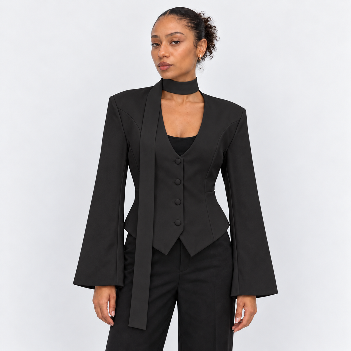Women's Scarf-Detail Tailored Jacket in black – front view