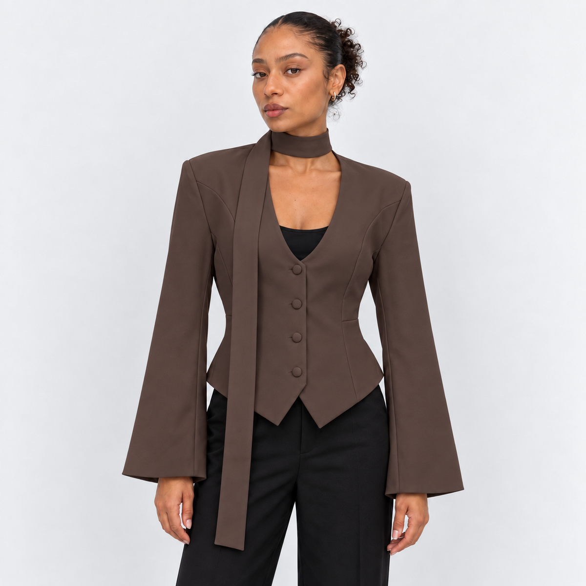 Women's Scarf-Detail Tailored Jacket in brown – front view