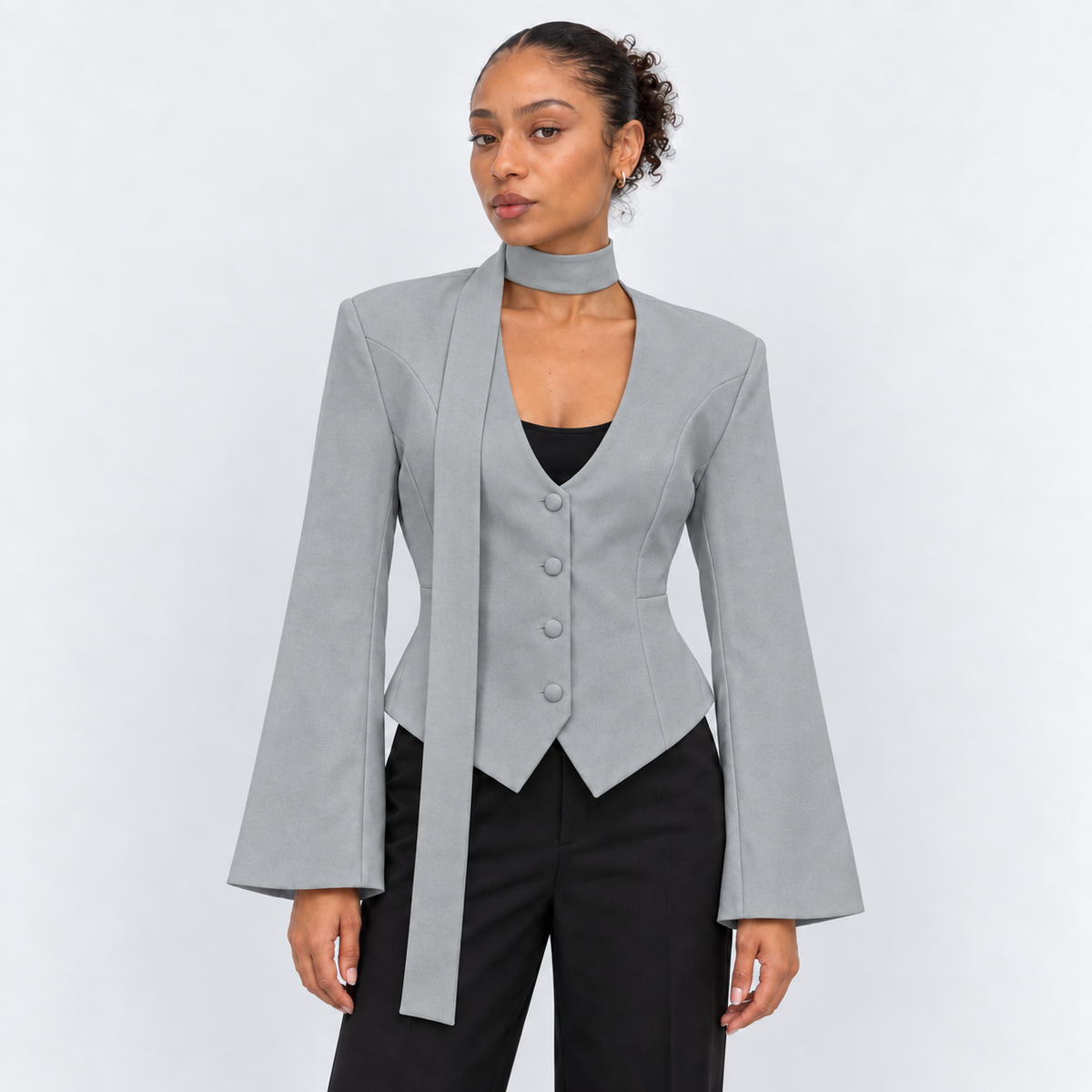 Women's Scarf-Detail Tailored Jacket in gray – front view