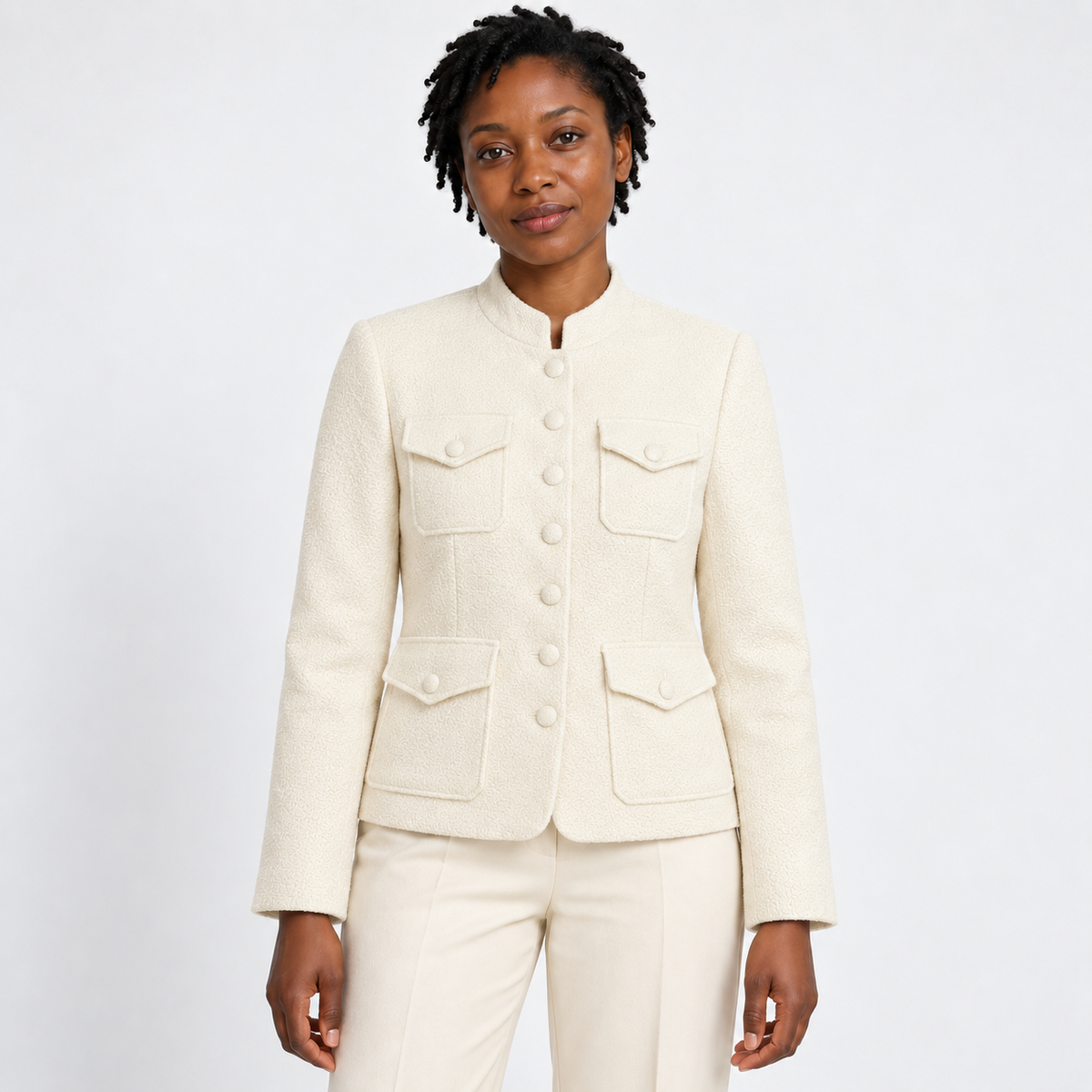 Women's Cream Stand-Collar Pocket Jacket – front view