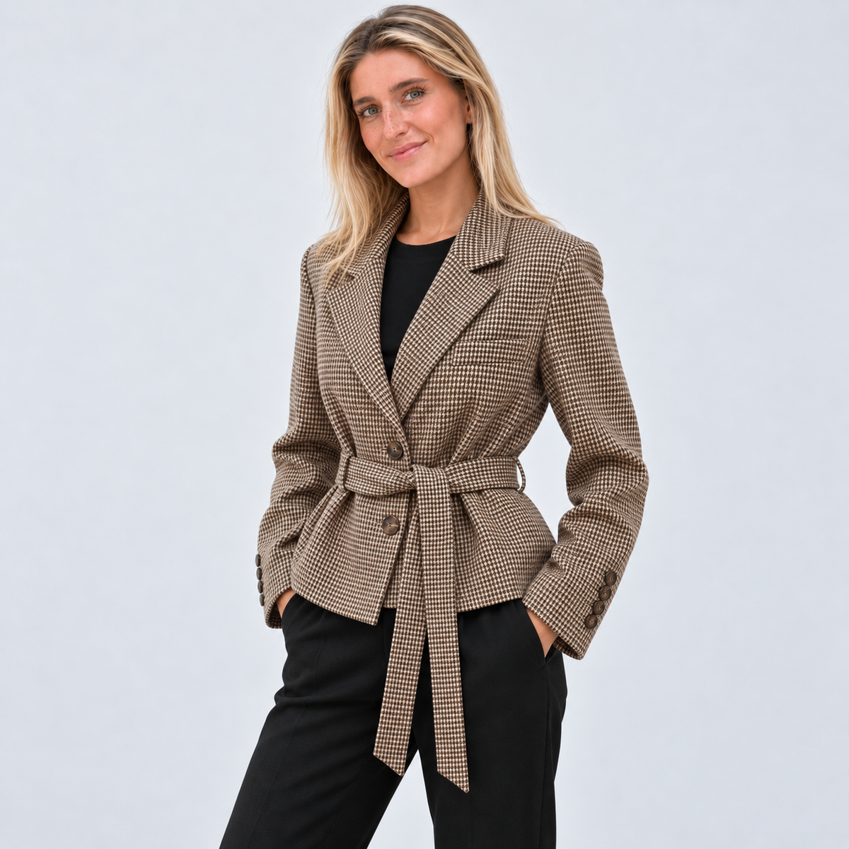 Women's Belted Houndstooth Blazer – angled view