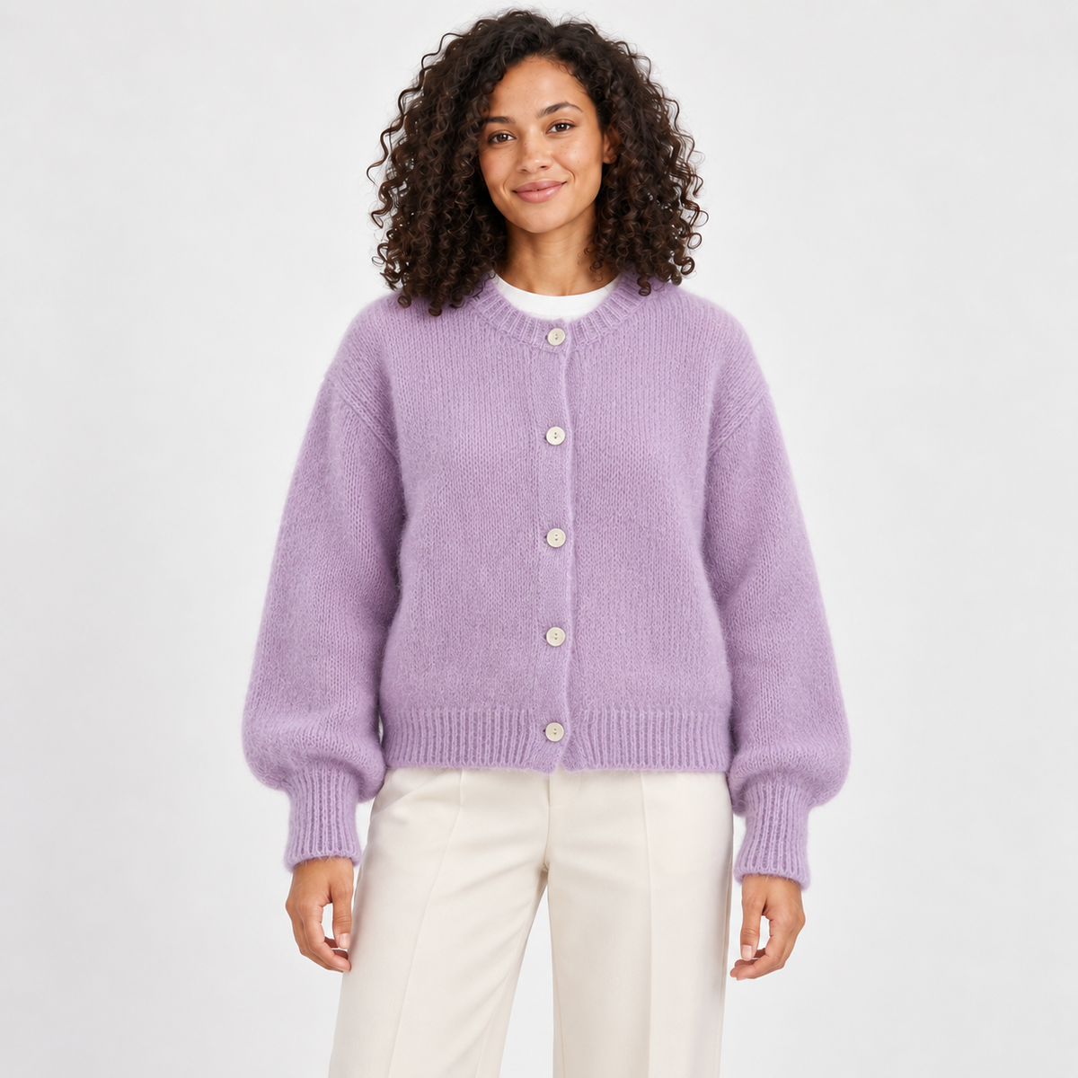 Women's Fuzzy Crew-Neck Cardigan in lavender – front view