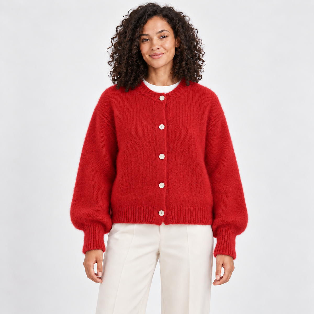 Women's Fuzzy Crew-Neck Cardigan in red – front view