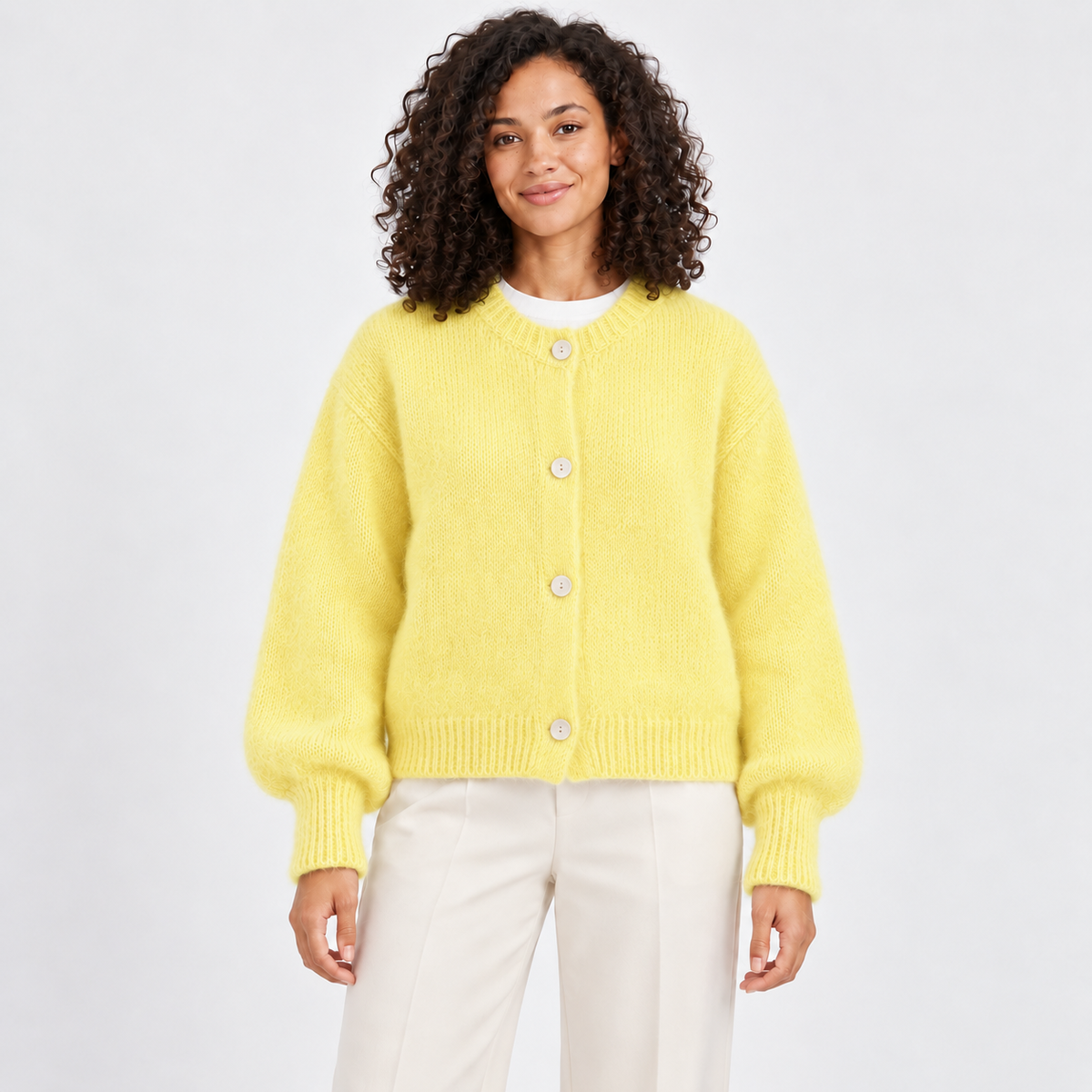 Women's Fuzzy Crew-Neck Cardigan in yellow – front view