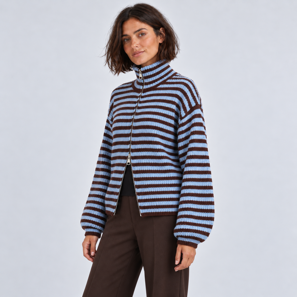 Women's Striped Mock-Neck Zip Cardigan in blue – angled view