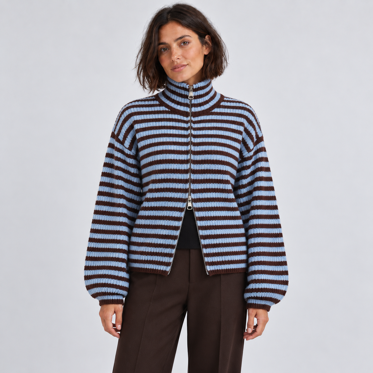 Women's Striped Mock-Neck Zip Cardigan in blue – front view