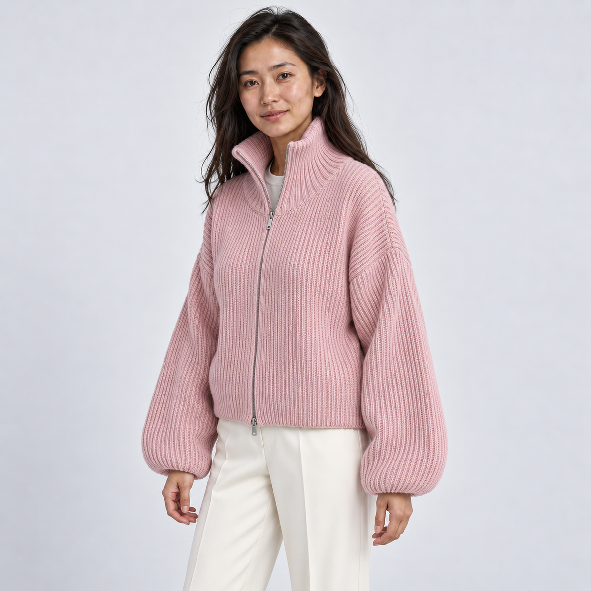 Women's Ribbed High-Neck Zip Cardigan in pink – angled view