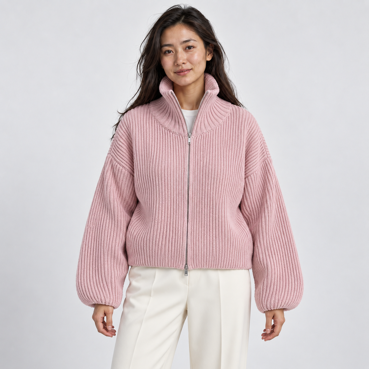 Women's Ribbed High-Neck Zip Cardigan in pink – front view