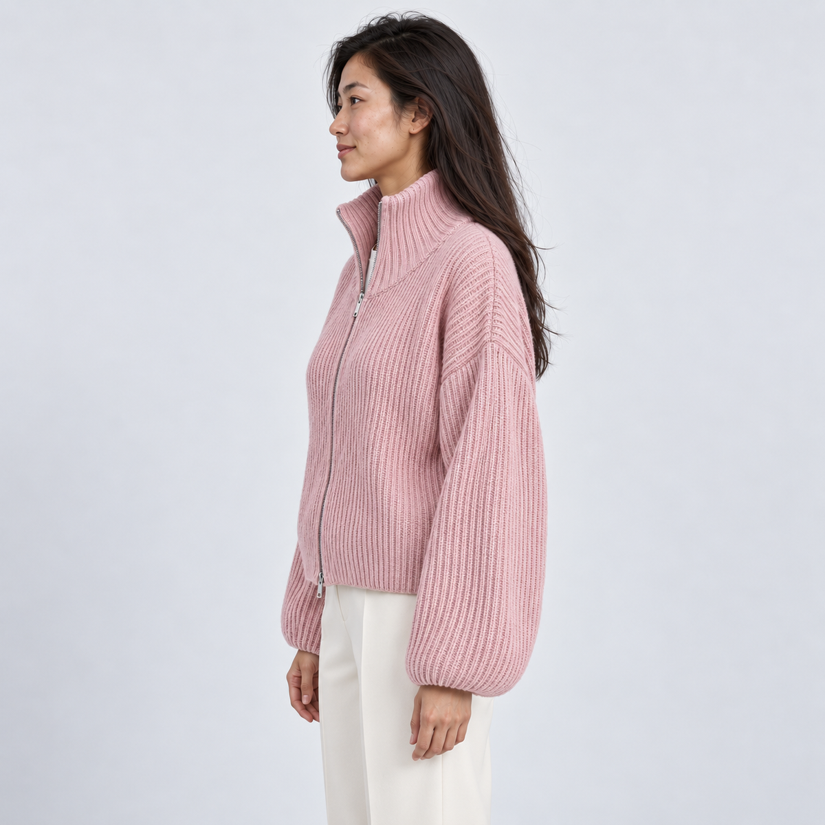 Women's Ribbed High-Neck Zip Cardigan in pink – side view