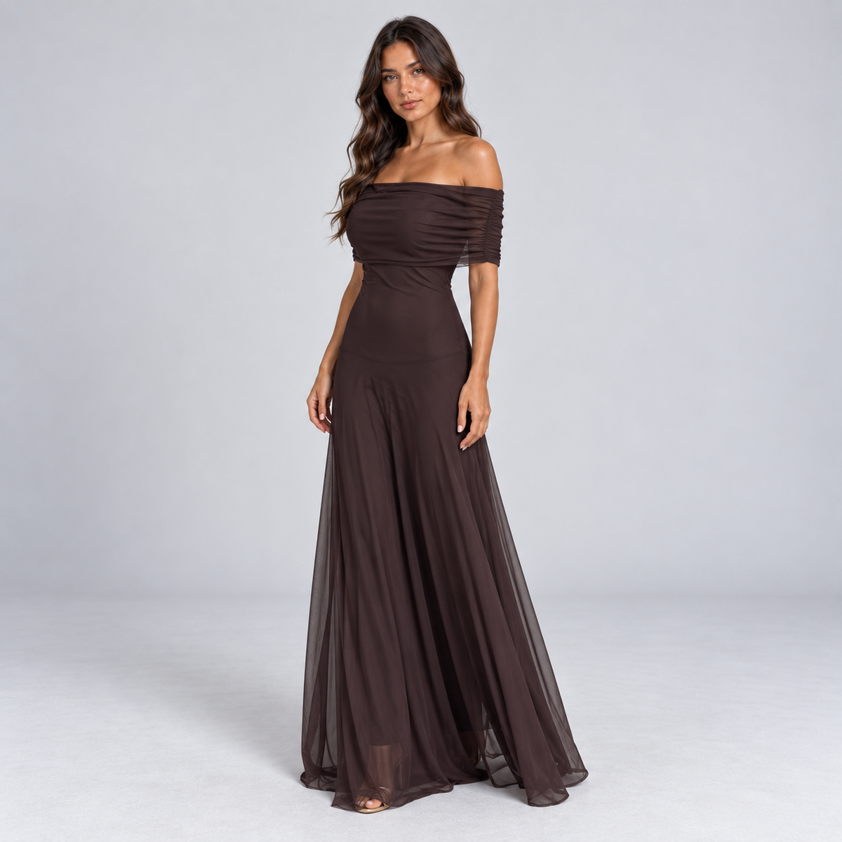 Women's Off-Shoulder Sheer Mesh Maxi Dress
